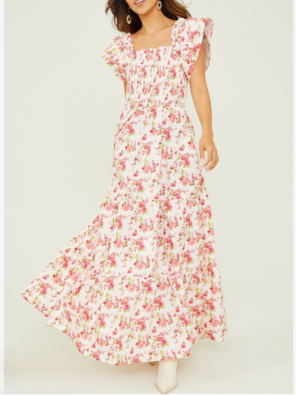 Altar'd State White Maxi Dress with Pink Floral Print M